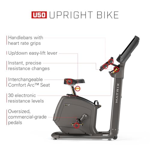 Image of Matrix Fitness U50 Upright Bike with XUR | 22 inch Touchscreen (WiFi+BT+HDMI) | Club-Quality, Stable Dual Form Frame, Comfort Arc Seat | HIIT-Ready Exact Force Brake, Long Rides and High Calorie Burn