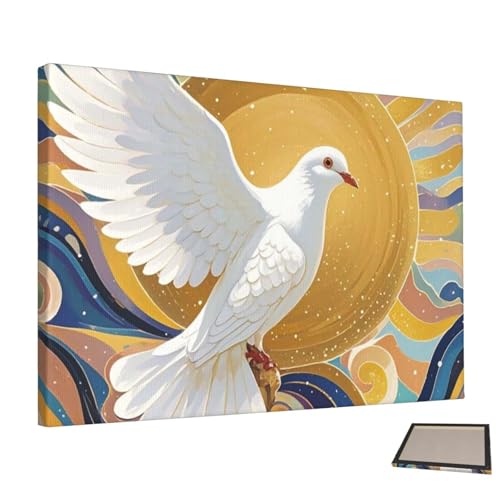 Peinture colombe et soleil sur toile tendue anti-reflets pour salon