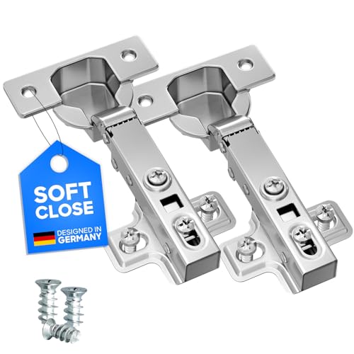 LIVING-TEC Scharnier mit Softclose in Standardgröße 2er Set inkl. ø5mm Euroschrauben| Türscharniere mit Gasdruckfeder | Schrankscharnier mit 105 Öffnungswinkel | Topfscharnier ø 35 mm