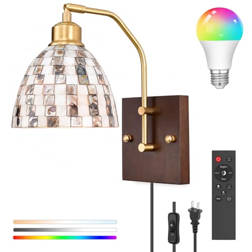 Image of Brass Natural Wood Wall Sconce with Shell Shade, Includes LED Bulb & Remote