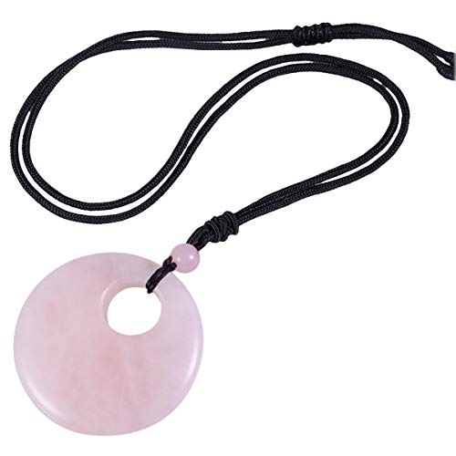 mookaitedecor Quartz Rose Collier Pendentif Pierre Protection Naturelle Lithothérapie Pendentif Donut Rond avec Cordon Ajustable Cover
