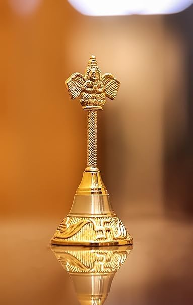SUBHARTI Handcrafted Pooja Ghanti Bell Puja Bell with Kuber Sitting Handle for Temple Brass Pooja Bell (4.5 Inches Height) (Brass, Golden)
