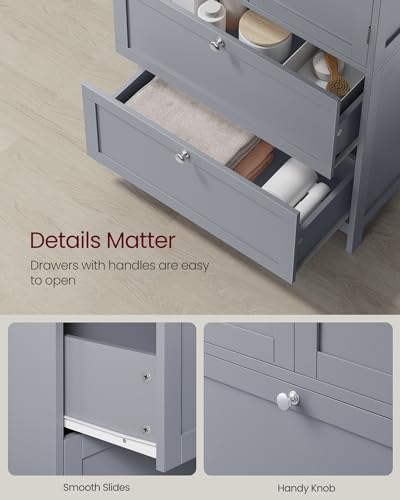 VASAGLE Freestanding Bathroom Cabinet with 2 Drawers and 2 Doors, Adjustable Shelf, 30 x 60 x 110 cm, Dove Grey BBC551G02 - Image 7