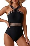 Tempt Me Women Black Crisscross One Piece Swimsuits Mesh Tummy Control Bathing Suits Front Crossover Swimwear L