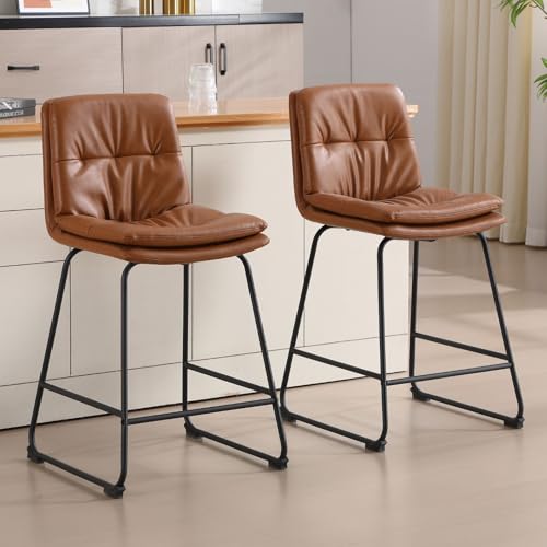 chairus Juego de 2 Taburetes de Bar en Cuero PU Sillas de Bar con Doble Almohadón, Taburetes de Barra sin Reposabrazos Silla Moderna para Isla de Cocina/Cafetería, Marrón
