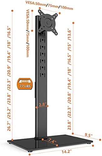 Single Monitor Stand Freestanding 27-43 Inch Monitor Arm Curved Screen Monitor Mount Tempered Glass Base Adjustable Motion Tilt -15° to 10° Swivel ±45° Rotation 360° Weight Capacity 77lbs HT05B-003P