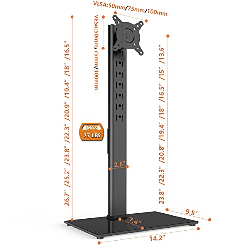 Single Monitor Stand Freestanding 27-43 Inch Monitor Arm Curved Screen Monitor Mount Tempered Glass Base Adjustable Motion Tilt -15° To 10° Swivel ±45° Rotation 360° Weight Capacity 77Lbs Ht05B-003 #TOP5