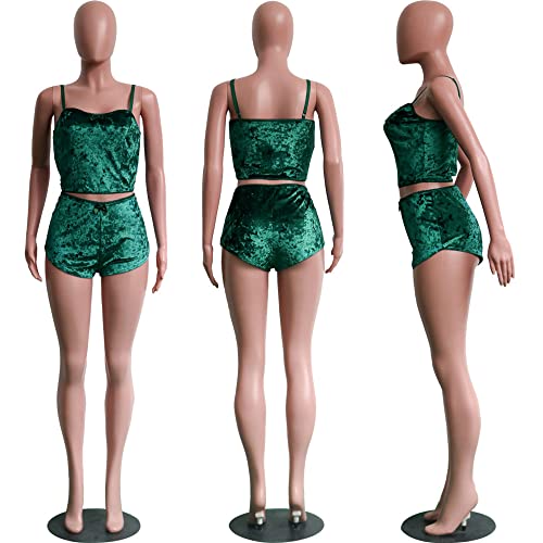 Women's Velvet 2 Piece Outfit Spaghetti Strap Sleeveless Crop Top and Shorts Pajamas Set Green XXL