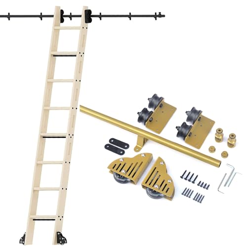 GLFNB - Kit completo de herrajes para escalera de biblioteca corrediza | Carril de escalera móvil de 100 a 732 cm (sin escala) | Dorado (kit de rieles de 244 cm)