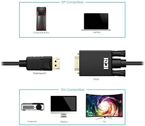 ICZI DisplayPort to VGA Cable-3M, Display Port of Computer/Laptop to VGA of Monitor/Projector Gold-Plated Adapter, Standard DP to VGA Male Cable