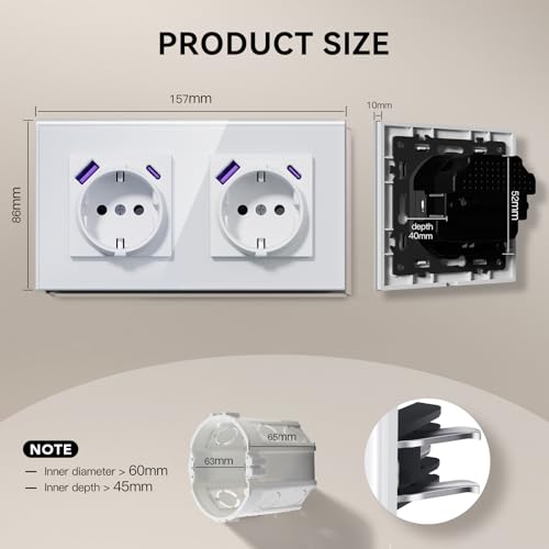BSEED Steckdose mit USB C 20W, Schnellladen Wandsteckdose mit Krallen, EU-Standard Einbausteckdose Unterputz, Einfach Montage, 16A 250V, NEU E-Serie,2 Fach,157mm Weiß