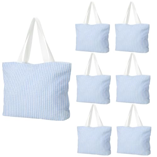 Bulyoou Bridesmaid Seersucker Tote Bag Reusable Women Stripe Pouch Preppy Beach Pool Storage Bag for Wedding Travel Gift(Blue,6 Pcs)