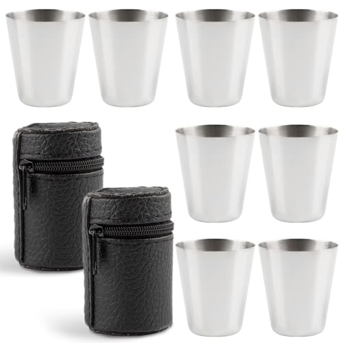 Framendino, 8 Pack Stainless Steel Shot Glass Espresso Cups Barware Drinking Vessel with Black Leather Carrying Case for Home Outdoor(1 Ounce/30 ml)