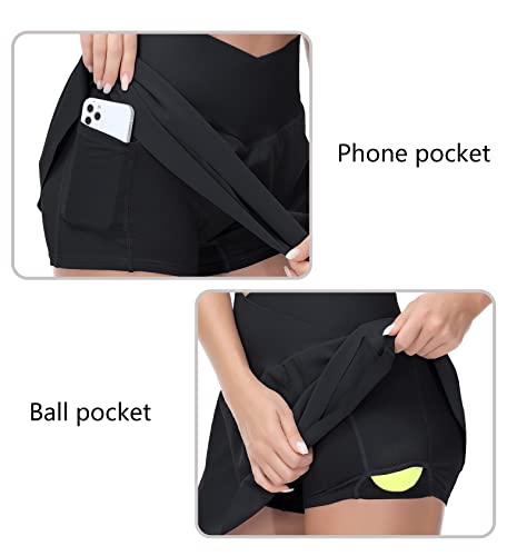 Women's Cross Waist Tennis Skirts With Cutting Hem Athletic Golf Skorts With Inner Mesh Pockets Shorts Black #TOP5