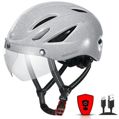 Odoland Adults Bike Helmet with Removable Magnetic Sun Visor, Adjustable Dial Fit Bicycle Cycling Helmet for Mountain Road Bike for Men Women, Refletive Glitter Silver