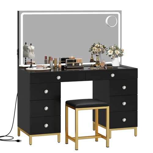 DWVO Vanity Desk with Lights and Stool, Power Outlet, 9 Drawers Makeup Table, Large LED Mirror with 3 Color Lighting Modes, for Bedroom and Dressing Room, Dark Black