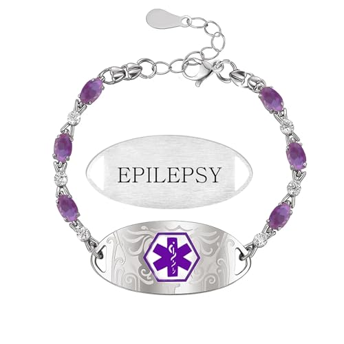 Zircobic Stylish Purple Cubic Zirconia Medical ID Bracelet, Engraved “EPILEPSY” Health Alert Stainless Steel Chain for Women, Fashionable Emergency ID for Running Swimming Use
