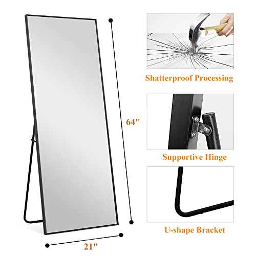 Neutype Full Length Mirror, 64"X21" Full Body Mirror With Stand Floor Mirror Full Length Standing Mirror Wall-Mounted Mirror Hanging Or Leaning Against Wall Aluminum Alloy Thin Frame (Black) #TOP2