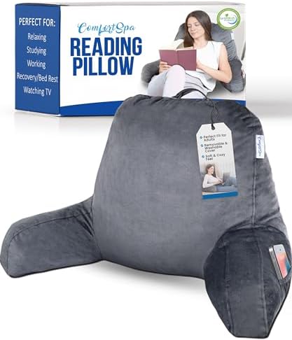 Reading Pillow for Bed with Arms Pockets for Adults, Large Grey |...