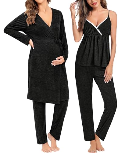 Image of SWOMOG Maternity Nursing Robe Set 3 Piece Breastfeeding Pajamas 3 in 1 Labor Delivery Sleevless Tops&Long Pants Pregnancy Pjs