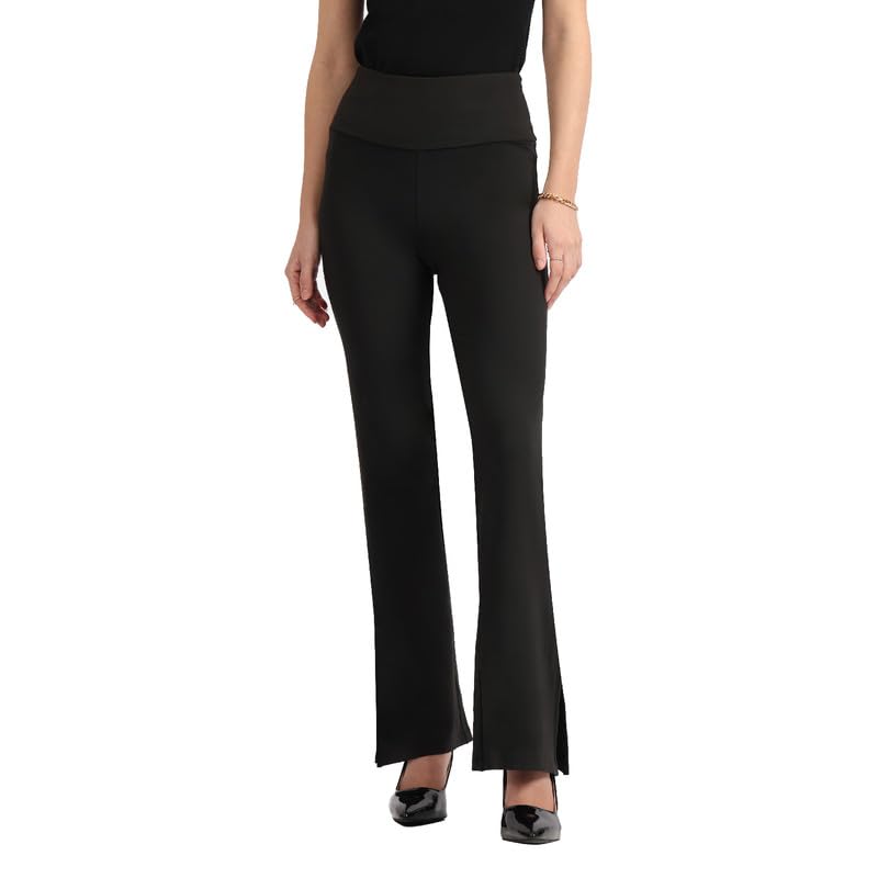 Image of BlissClub Women's Comfort Fit Mid Rise Ultimate Slit Flare Pants - Lite Tall |Above 5'5 | Stylish Slits | Stretchy | Comfortable | Back Pocket
