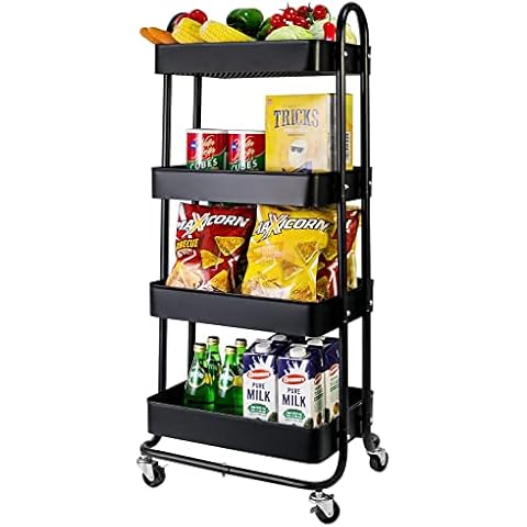 elabo 4-Tier Metal Mesh Utility Rolling Cart, Storage Organizer Trolley Services Cart with Lockable Wheels for Kitchen, Bathroom, Living Room (Black) Cover