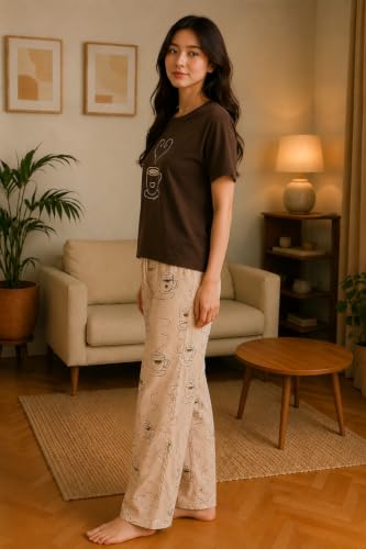 Image of Women's Korean Style Looper Fabric Nightsuit Set | Cute Print Half Sleeve T-Shirt & Pajama Set | Soft Comfortable Nightwear & Loungewear for Women