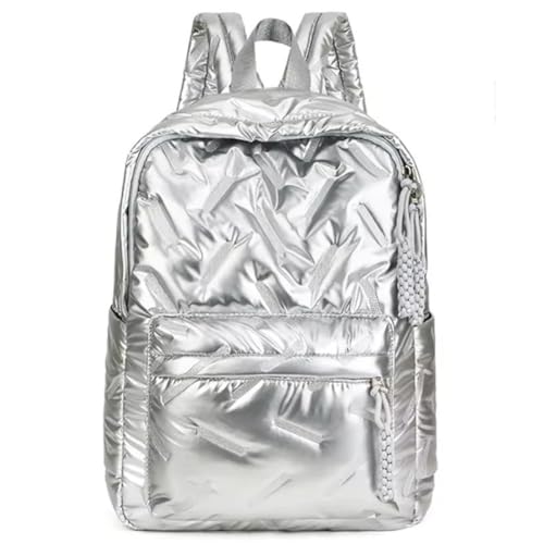 Mochila Feminina Metalizada Puffer – Bolsa Moderna e Leve para Viagem, Escola ou Uso Diário (Prata)