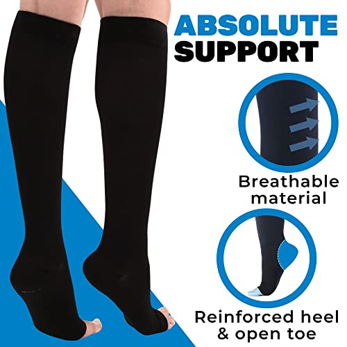 Image of ABSOLUTE SUPPORT Unisex Open Toe Compression Socks 30-40mmHg | opaque, knee high stockings, reinforced heel, hose supports circulation & varicose veins, edema swelling, A311