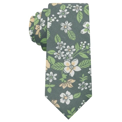 Image of Luckyvestir Ties for Men, Sage Green Cotton Floral Tie 2.76 inch Flower Printed Men's Neckties for Wedding /Groomsmen /Suit /Party