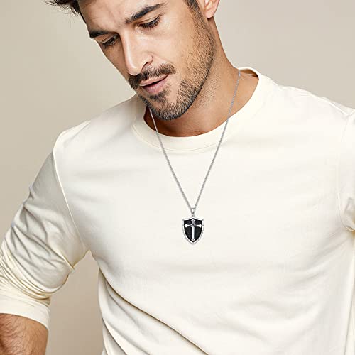 Pdtjmtg Sterling Silver Knights Templar Cross Joshua 1:9 Shield Pendant Necklace With 22+2 Inch Stainless Steel Chain Men's Verse Bible Armor Of God Necklace (Sword & Shield) #TOP2