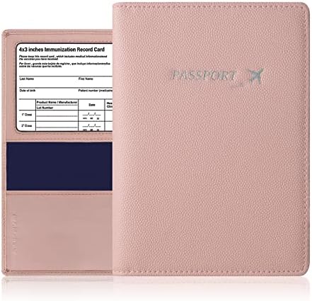 Genuine Leather Passport Holder Cover - Stylish Leather Passport Wallet with 4 X 3 Inches Immunization Record Card Slot Ultra Slim Leather Passport Case for Men and Women (Pink)
