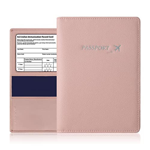 Genuine Leather Passport Holder Cover - Stylish Leather Passport Wallet With 4 X 3 Inches Immunization Record Card Slot Ultra Slim Leather Passport Case For Men And Women (Pink) #TOP3