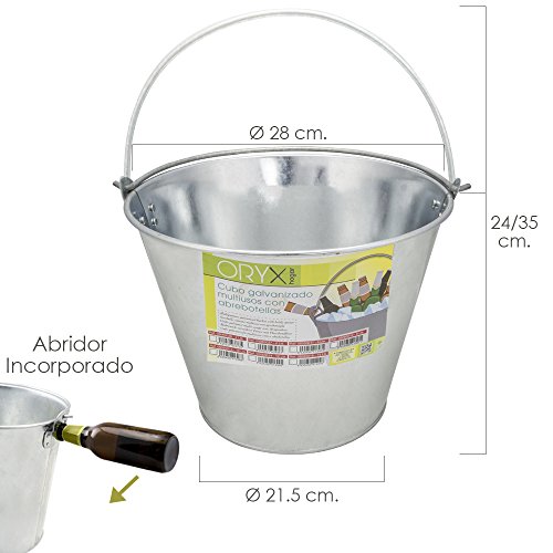 ORYX 5060013 Cubo Zinc Metal Galvanizado Multiusos 10 Litros 28 x 21.5 x 24 (alt.) cm. con Abre Botellas, Plateado