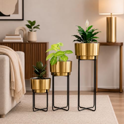 Image of TrustBasket Creata Strong Durable Premium Set of 3 (Gold) Planters for Home Decor - Plant Pots for Home Decor, Indoor Plants Stand for Living Room, Planters for Indoor Plants, Pot for Living Room
