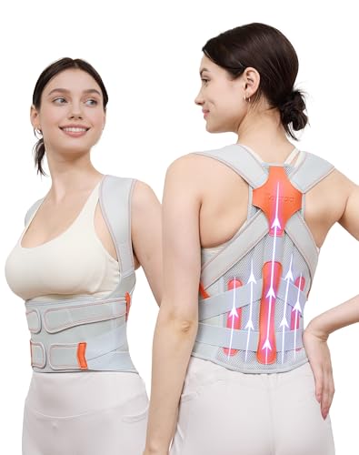 Image of Kepwaa Posture Corrector for Women and Men, 5 Full Back Support Brace Rods, Adjustable Shoulder Straightener, Relief for Upper and Lower Back, Neck, Lumbar, Scoliosis, Hump, Gray, Medium
