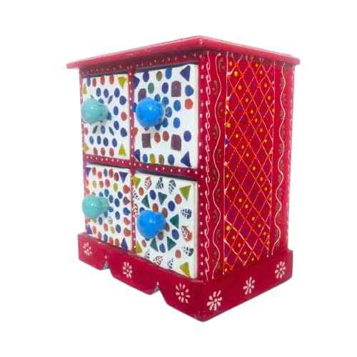 Decorative Storage Box | Colourful Mosaic Pattern | 4 Compartments | Small Size | White Wooden Organizer | 600g | 17x17x9 cm (Red)