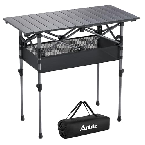 Anbte 3ft Aluminum Roll Top Camping Table, 2 Adjustable Height Camping Table Folding with Storage Net & Bag Lightweight Roll Up Table for Indoor Outdoor Backyard BBQ Patio Picnic, 32.2” X 16”, Black