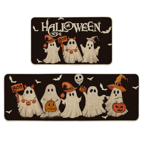 Artoid Mode Ghost Bat Black Halloween Kitchen Mats Set of 2