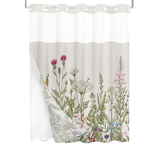 Tititex No Hooks Snap In Liner Vintage Wildflower Botanical Herbs Shower Curtain Sets, Hotel Luxury Double Layers Waterproof Fabric & See-Through Top Window Bathroom Decorative 71X71 Inch #TOP3