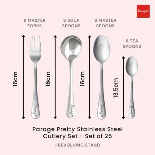 Parage 25 Pieces Pretty Premium Stainless Steel Cutlery Set for Home & Kitchen (Contains: 6 Dinner Spoons, 6 Tea Spoons, 6 Forks, 6 Soup Spoons) - Spoon Set for Dining Tableware Stylish, Silver