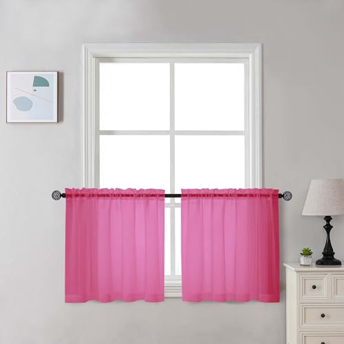 Image of Chyhomenyc Sheer Hot Pink Tier Curtains 24 Inch Length Set, Small Window Kitchen Curtains for Bathroom Living Room Basement, Farmhouse Short Voile Curtain 42Wx24L, Rod Pocket, 2 PCS