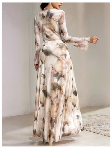 GORGLITTER Women's Mesh Long Sleeve Maxi Dresses Elegant Boho Tie Dye Prom Graduation Formal Wedding Guest Long Dress3