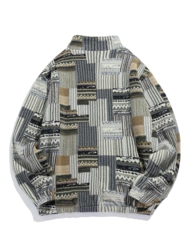 Image of ZAFUL Men 1 /4 Zipper Ethnic Aztec Fleece Unisex Winter Sweatshirt Tops 2026 | Funnel Neck Fluffy Polar Fleece Faux Sherpa Soft Thermal Pullover Kangaroo Pocket Jacket Hoodie Tops