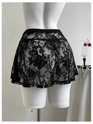 MakeMeChic Women's Floral Lace Mini Skirt Y2K Mesh Shher A Line Sheer Party Short Skirts Clubwear3