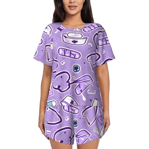 Pyjama femme deux pièces imprimé violet avec col rond et short doux