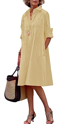Image of chouyatou Women's Spring Summer Button-Down Shirt Dress Loose A-Line Midi Shift Tunic Dress