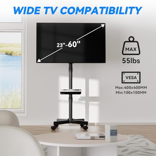Image of NearHub Mobile Rolling TV Stand for 23-60 Inch LCD LED Flat /Curved Panel Screen TVs, Tilt TV Cart Holds up to 55Lbs Portable TV Stand TV Cart with Laptop Shelf Rolling Floor Max VESA 400x400mm