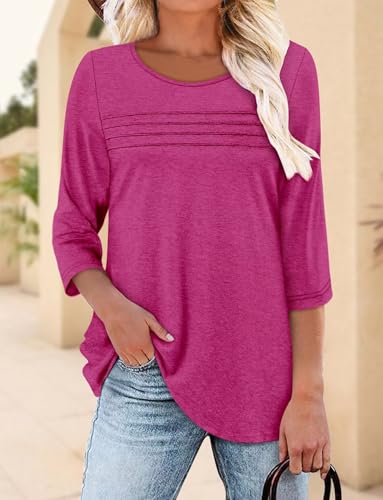 KISSMODA Women's Casual 3/4 Sleeve T-Shirts Round Neck Cute Tunic Tops Basic/Pleated Summer Tops Trendy Spring Blouses