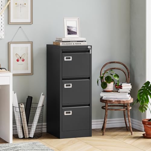 Image of MIIIKO 3 Drawer File Cabinet, Black Metal Vertical Filing Cabinet with Lock, Home Office File Folders Storage Cabinet for Letter Legal A4 File Size